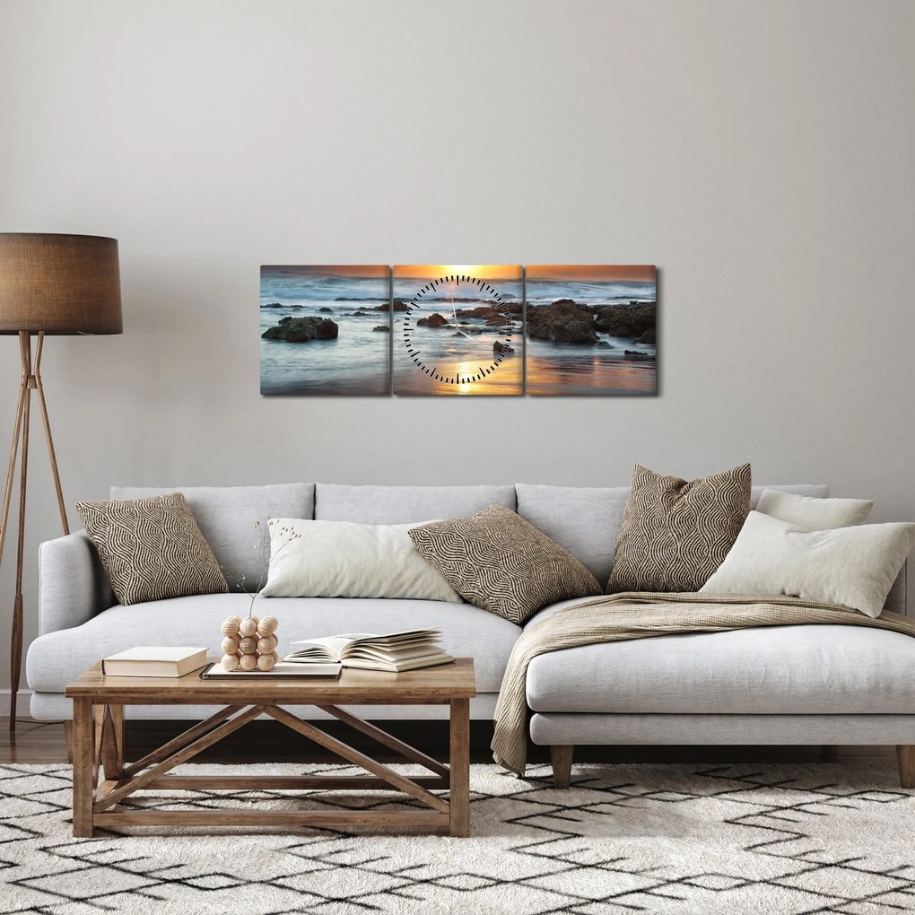 Obraz - More zaliate slnkom (s hodinami) (90x30 cm)