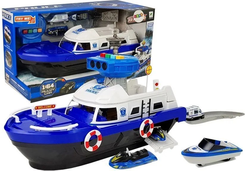 LEAN Toys Prepravná policajná loď s autíčkami, so zvukom a svetlami