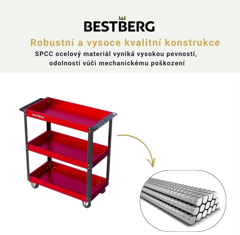Kovový pojazdný dielenský vozík s 3 policami BestBerg BBTC-301 / SPCC steel