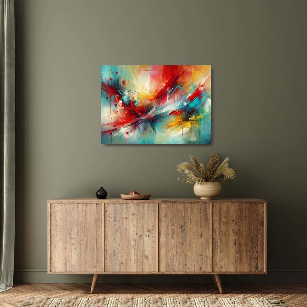 Sklenený obraz – Abstrakcia s červenou (70x50 cm)