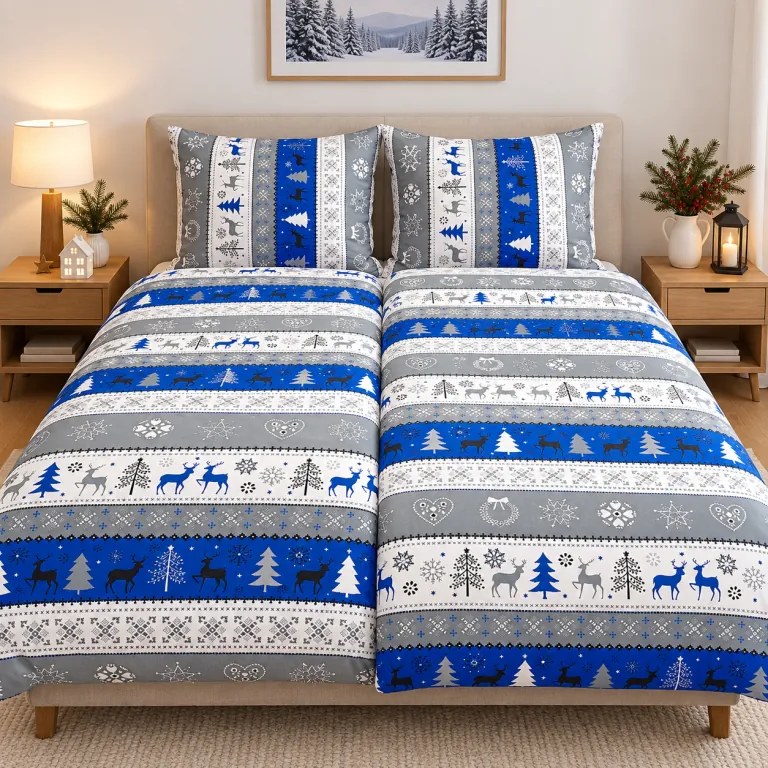 Obliečky bavlnené Vianočné obliečky Christmas modré TiaHome - 1x Vankúš 90x70cm, 1x Paplón 140x200cm