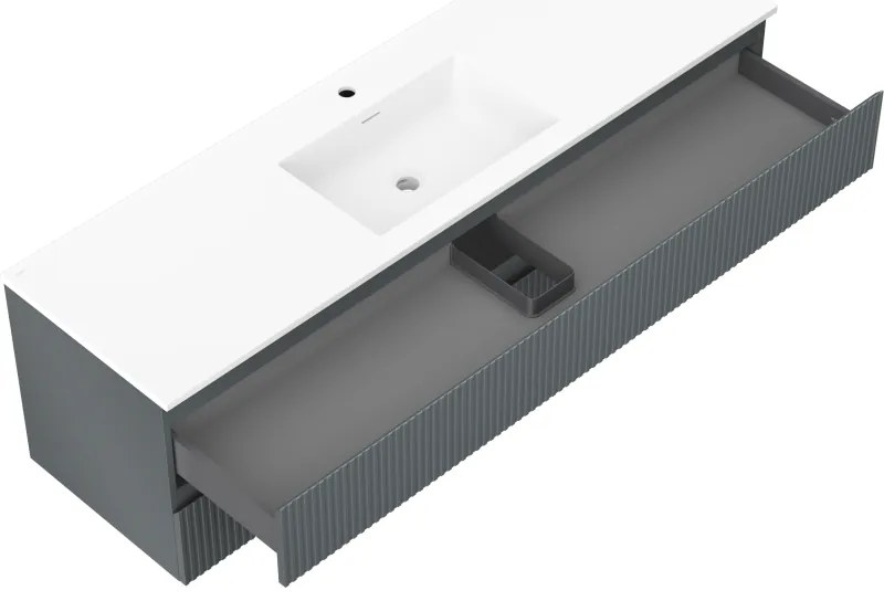 Mexen Rivel, kúpeľňová skrinka 160 cm s umývadlom Otis, 2 zásuvky, drážkovaná, grafitová matná/biela matná, 91A20-16047-2-BFF66-W18M