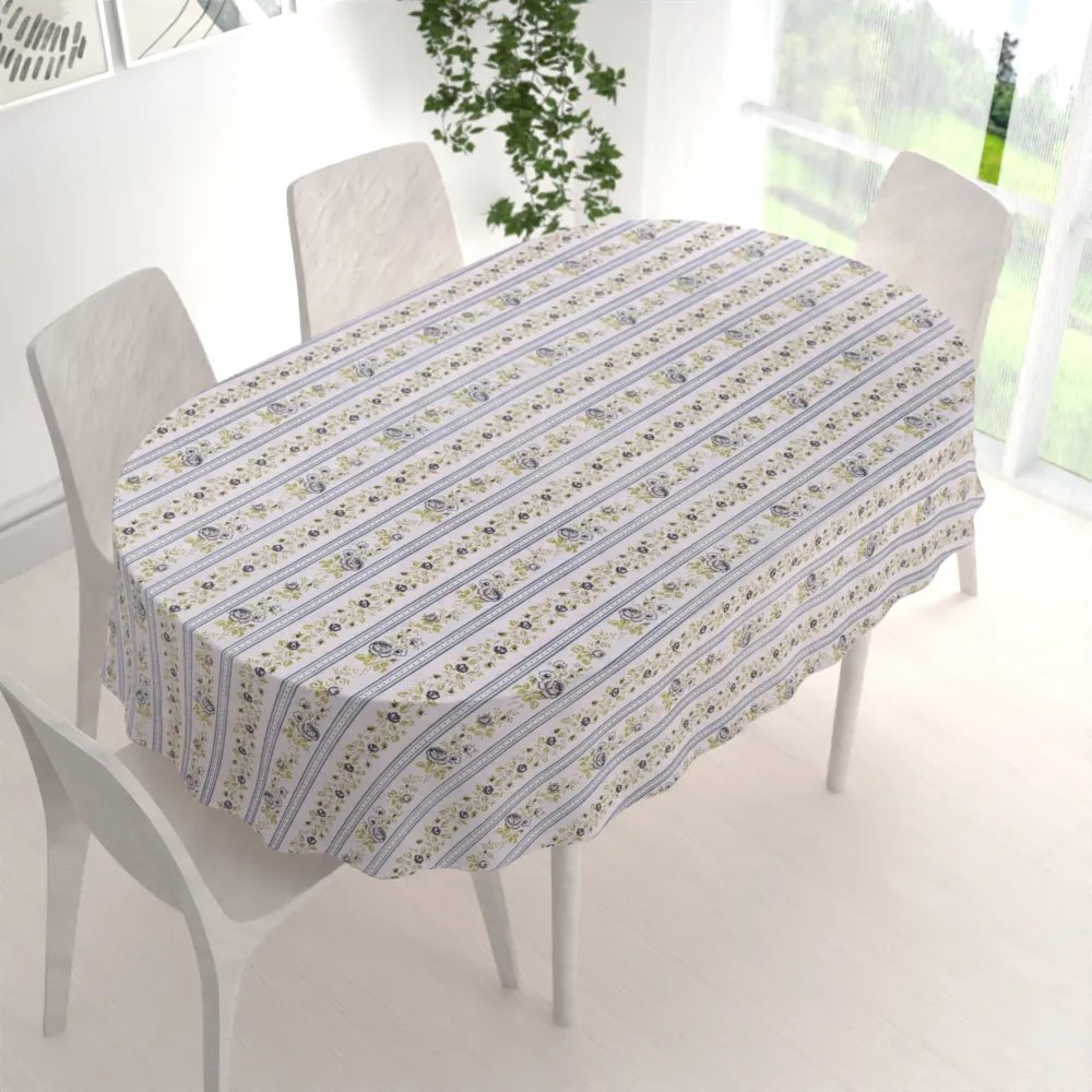 Biante Bavlnený oválny obrus Sandra SA-348 Sivé popínavé kvety a modré pruhy 130x220 cm