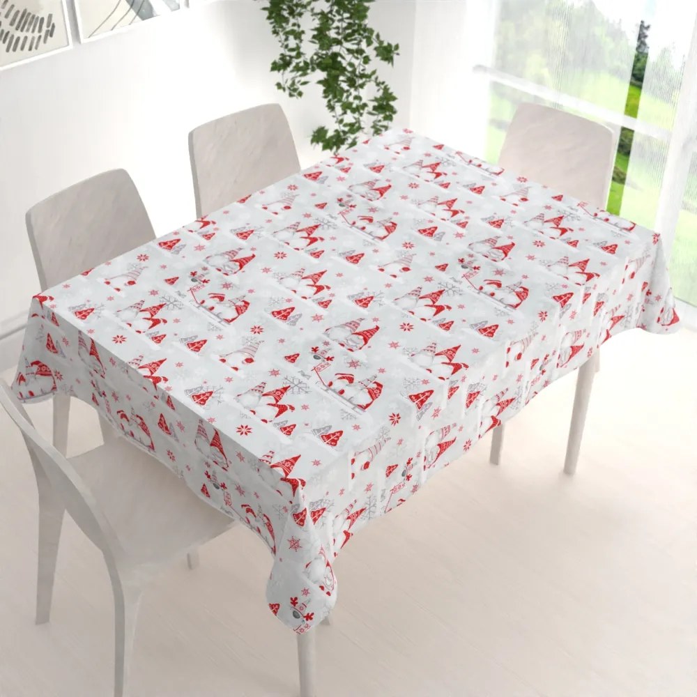 Biante Vianočný bavlnený obdĺžnikový obrus Sandra SA-133 Červení škriatkovia na svetlo sivom 60x100 cm