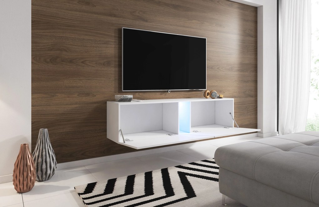 TV stolík/skrinka Savanna 160 (biela matná + sivý lesk) (s osvetlením). Vlastná spoľahlivá doprava až k Vám domov. 1000635