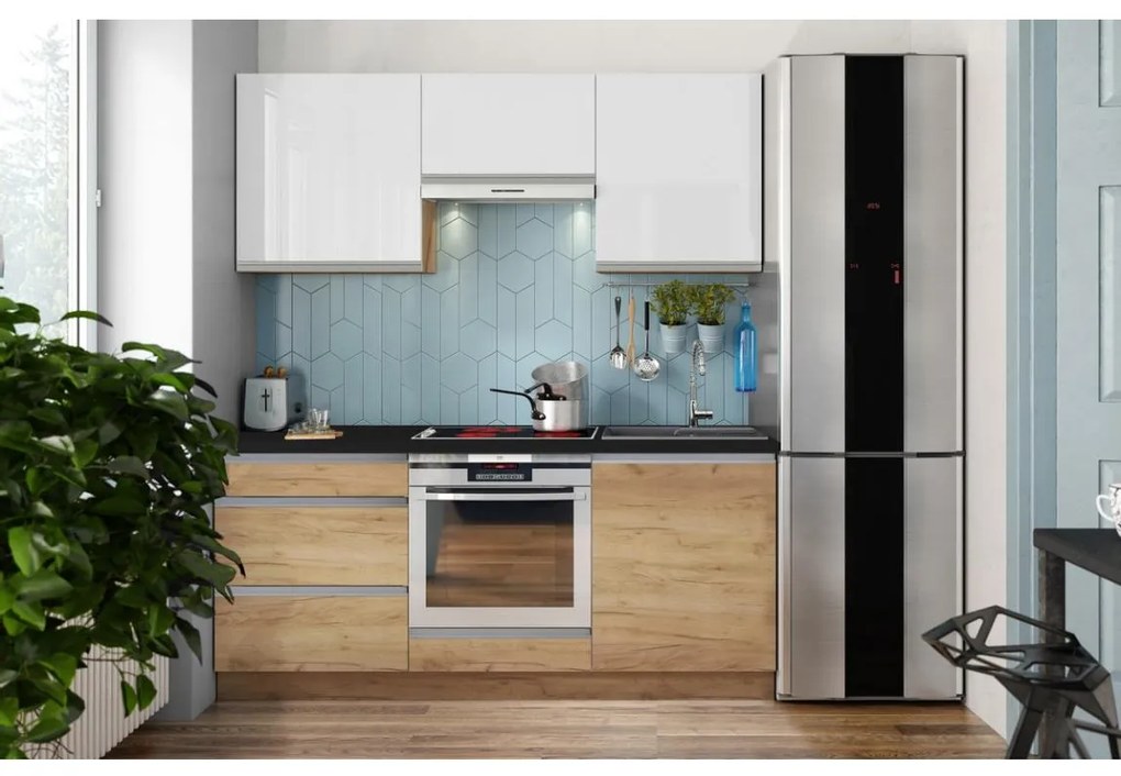 Kuchynská linka MARINA 180 cm, dub craft/lesklá biela