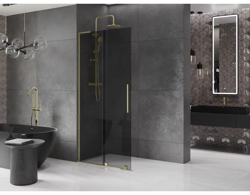 Mexen Velar L, posuvná sprchová zástena Walk-in 110 x 200 cm, 8mm šedé sklo, zlatá lesklá, 871-110-003-43-50