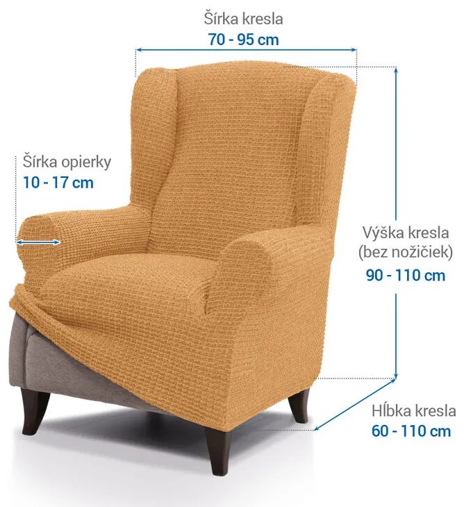Super strečové poťahy RUBINIA zlatá kreslo ušiak (š. 70 - 95 cm)