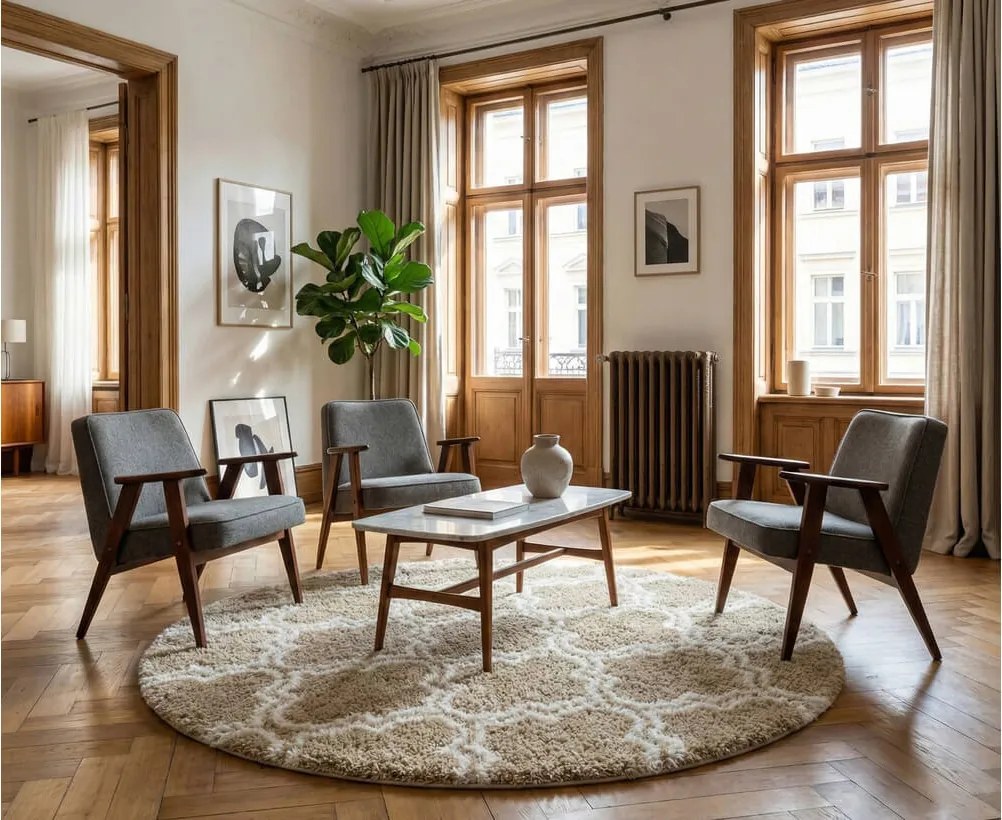 TZ Béžový okrúhly vzorovaný koberec shaggy Decor Latern Rozmer: 140 cm