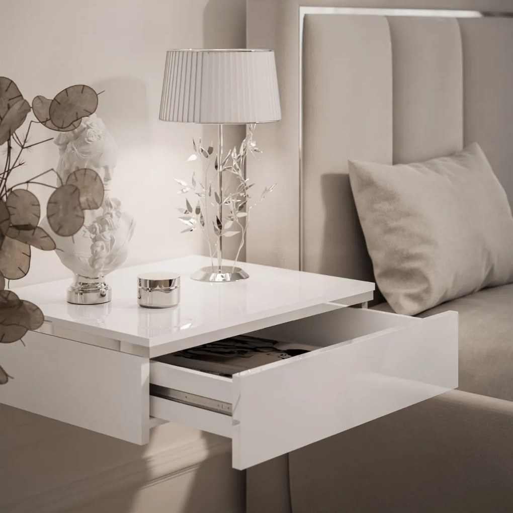 ZÁVESNÝ NOČNÝ STOLÍK NESSIE BIELY LESK + STRIEBORNÝ