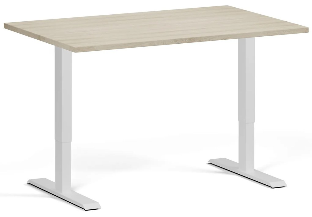 Výškovo nastaviteľný stôl, 120x80 cm, 1 motor, biela podnož, dub prírodný