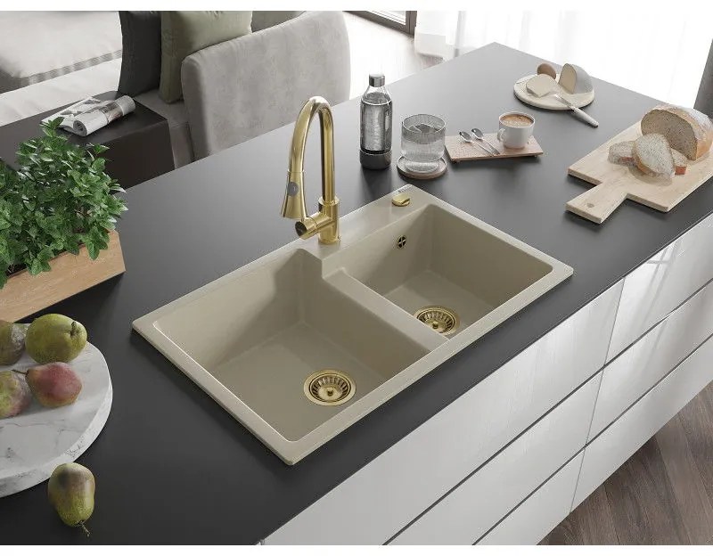 Mexen Tomas, 2-komorový granitový drez 800x500x190 mm a drezová batéria Elia, béžová, 6516-69-670101-50