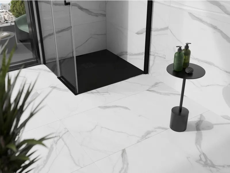 Mexen Stone+, štvorcová vanička z minerálneho kompozitu 90 x 90 cm, čierna, čierna krytka, 44709090-B