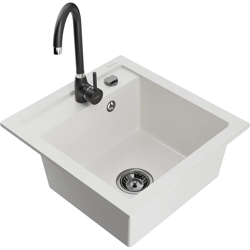 Mexen Vito, 1-komorový granitový drez 520x490x210 mm, čierna batéria Telma, biela, 6503-20-670200-70