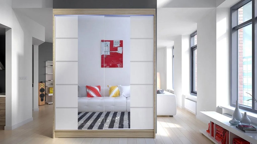 Posuvná skriňa Belgia V, Farby: biela / čierna + zrkadlo, Osvetlenie: osvetlenie LED RGB - farebné