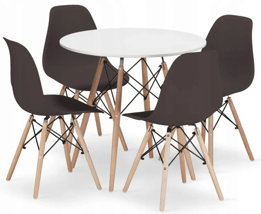 Jedálenská zostava TODI 80cm okrúhly stolový set biely + 4 stoličky OSAKA hnedé