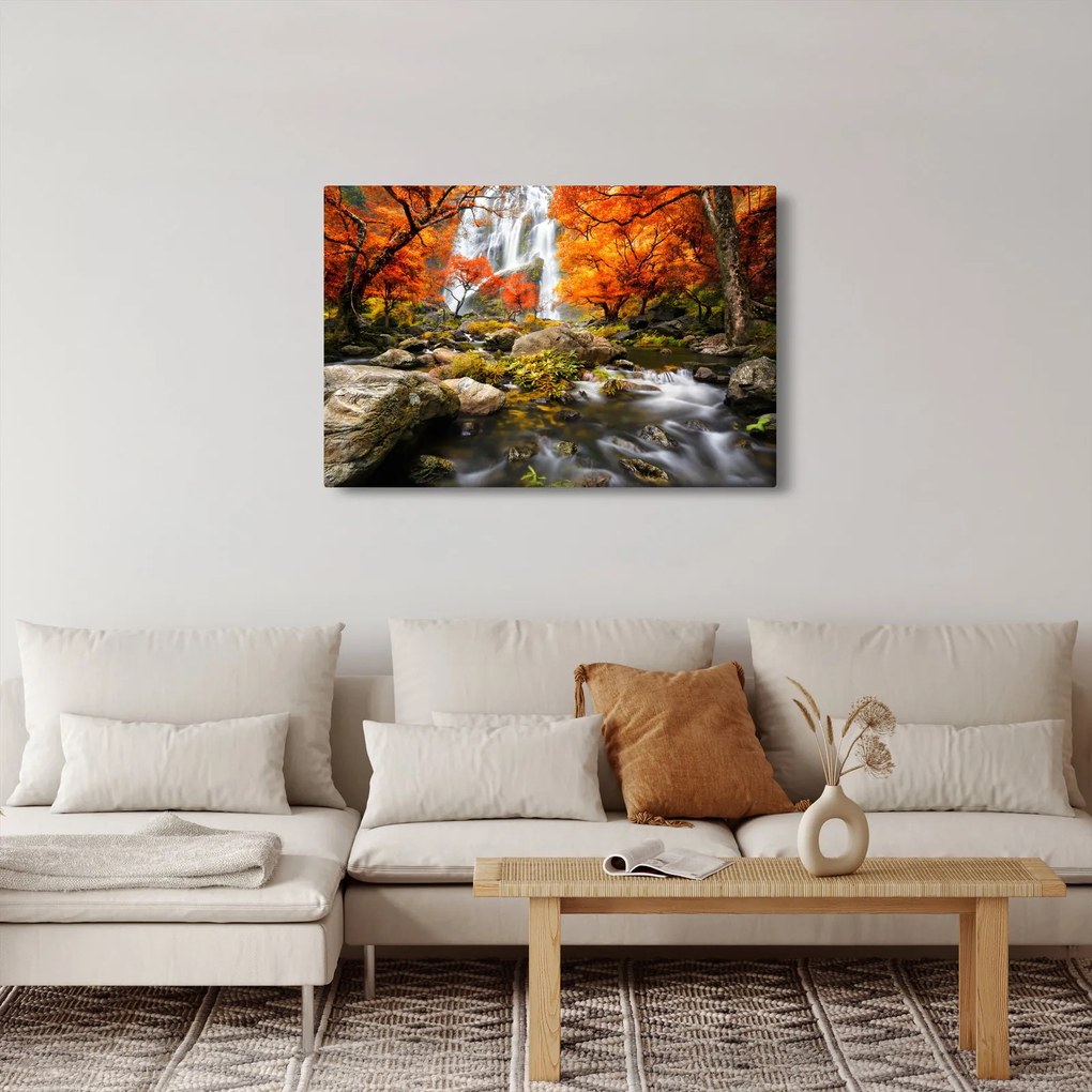 Obraz - Vodopády v jesennej krajine, oranžový (90x60 cm)