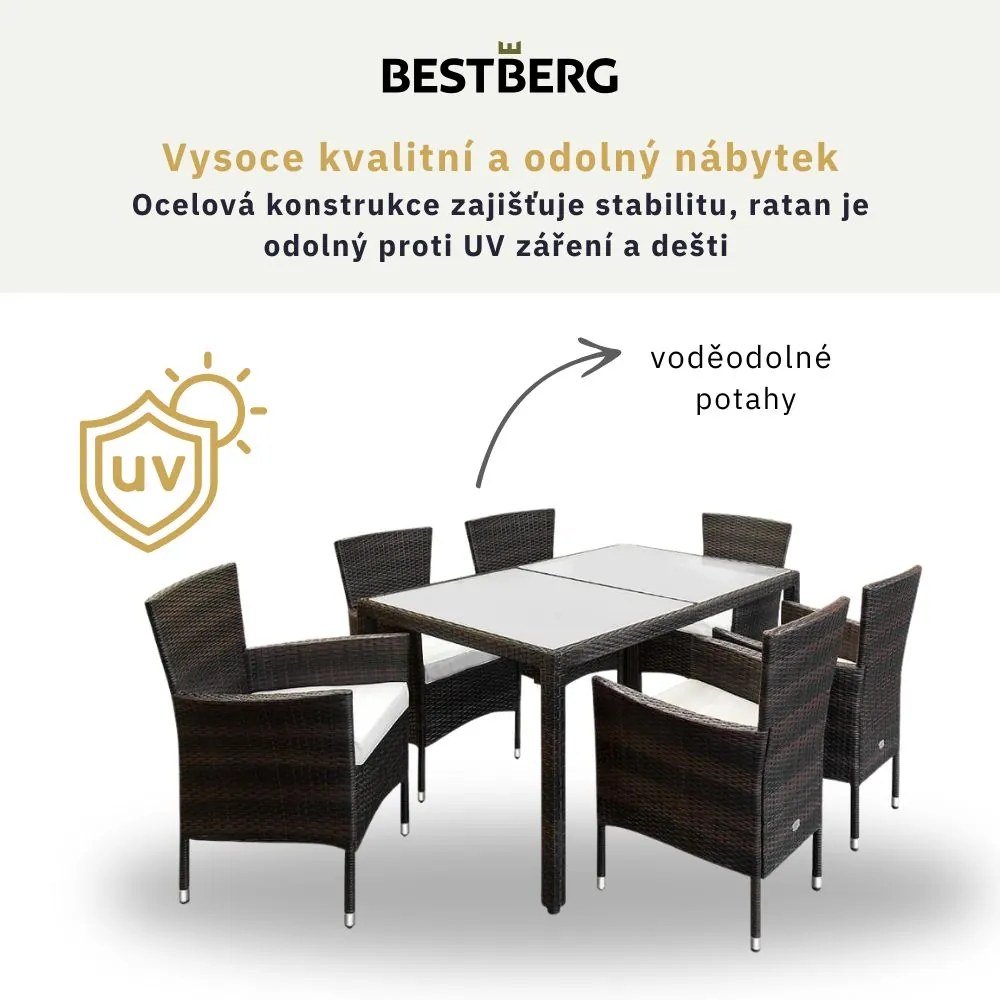7-dielny záhradný ratanový jedálenský set s polstrovaním BestBerg BBRF-80B / hnedá/béžová