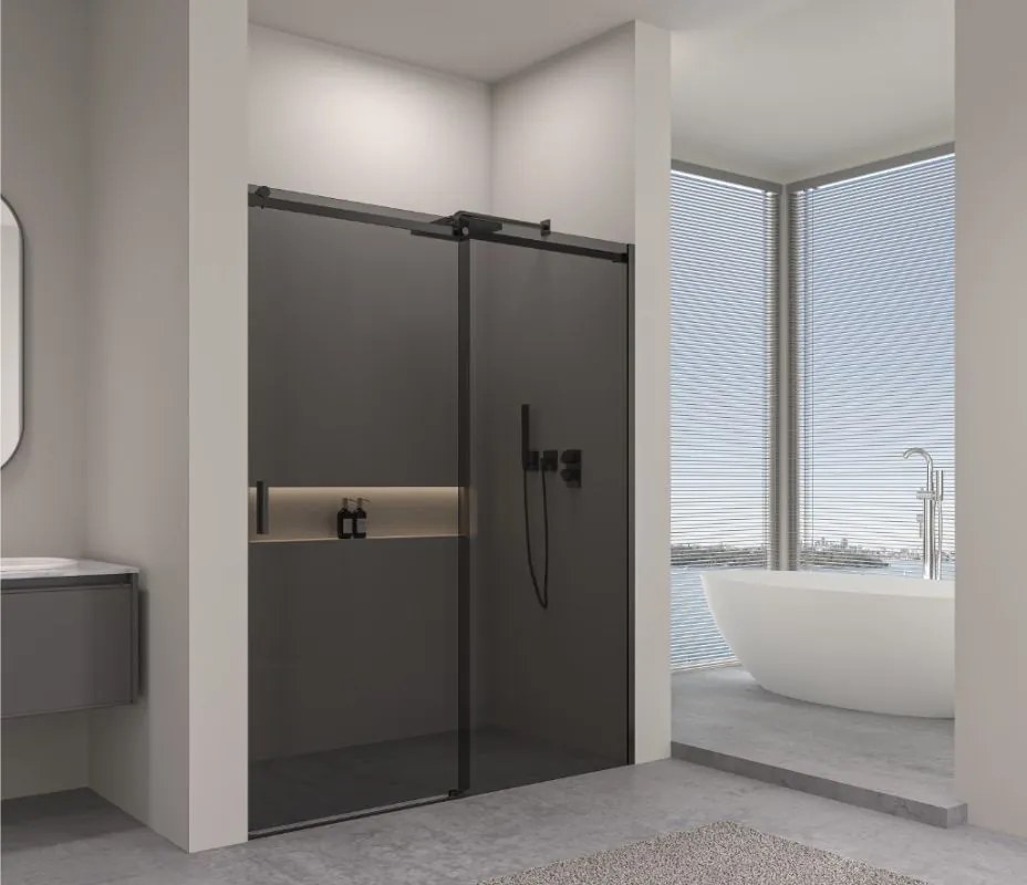 Erga Lynn, posuvné sprchové dvere do otvoru 150x195 cm, 8mm šedé sklo, čierny profil, ERG-V02-LYNN-D150-GR-BK