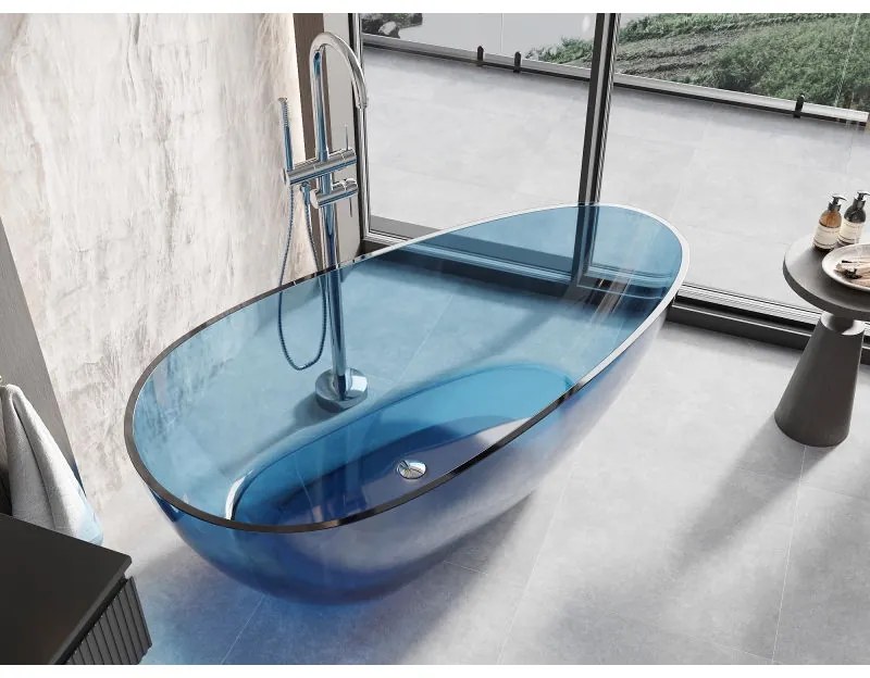 Mexen Glass Denim, voľne stojaca priesvitná vaňa 170 x 85 cm, chrómová zátka, 58061708507