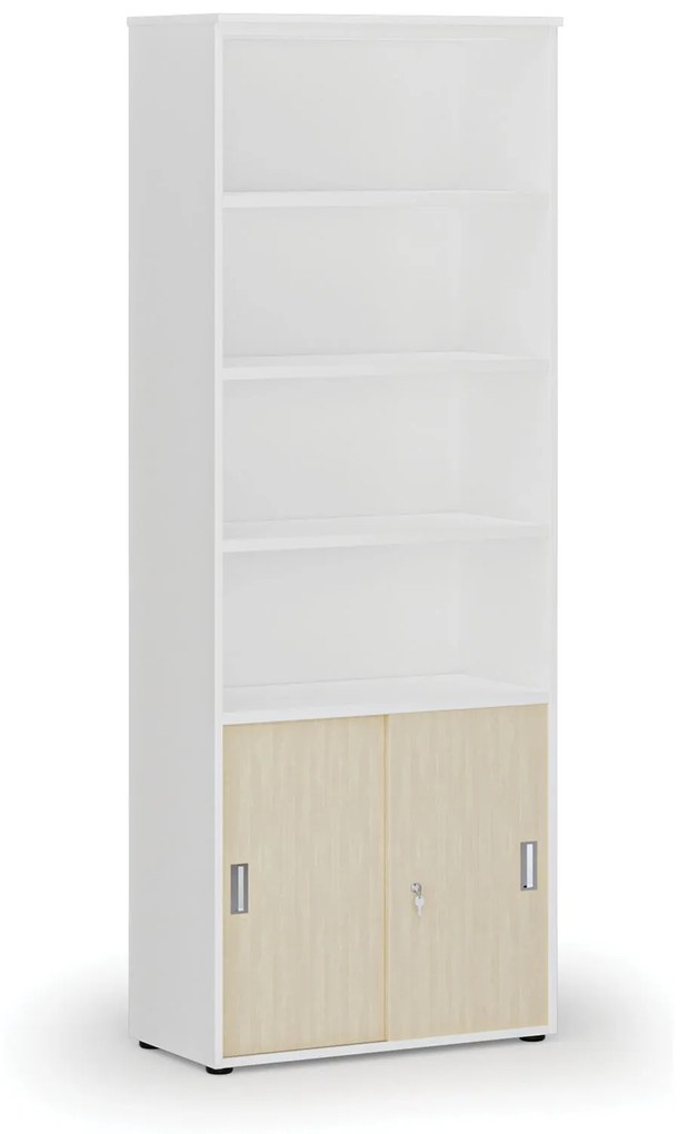 Kombinovaná kancelárska skriňa PRIMO WHITE, zasúvacie dvere na 2 poschodia, 2128 x 800 x 420 mm, biela/breza
