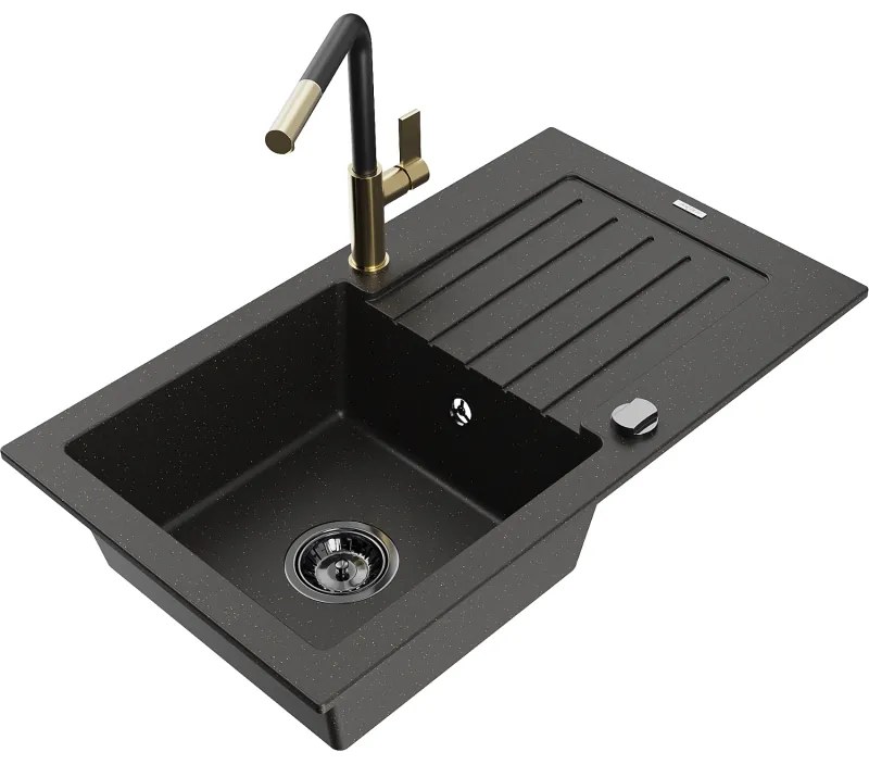 Mexen Pablo, 1-komorový granitový drez 752x436x161 mm a drezová batéria Flora, čierna-zlatá metalíza, 6510-75-670401-57-B