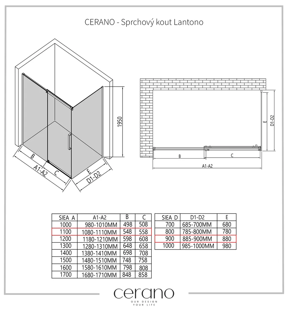 CERANO - Sprchovací kút Lantono L/P - 8 mm - čierna matná, grafitové sklo - 110x90 cm - posuvný, CER-CER-8050BD7517