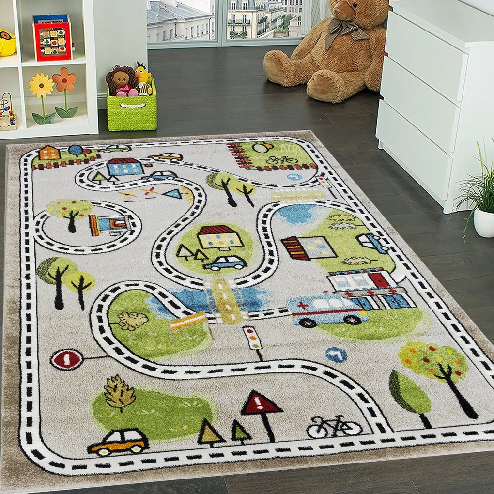 Detský koberec Smart Kids 22919 béžový – motív autoškoly, obdĺžnik Rozmer: 120x180 cm
