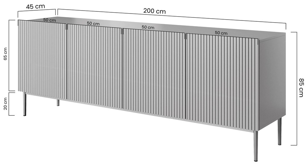 Komoda Nicole 200 cm štvordverová - čierny mat / čierne nožičky