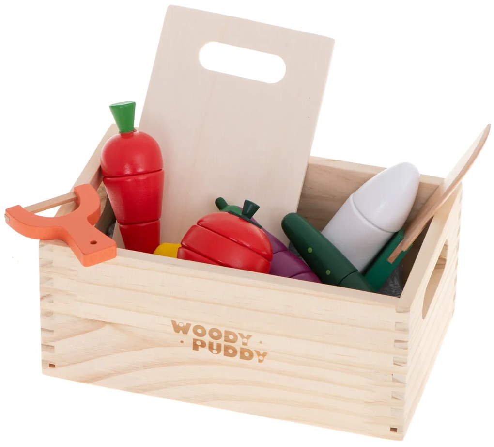 KIK Drevená magnetická zelenina na krájanie v krabici so škrabkou - detská kuchynská súprava