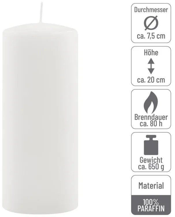 Sada stĺpových sviečok, 20 cm, Ø 7,5 cm, biela, 6 ks