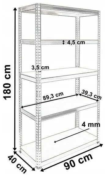 Stabilný kovový úložný regál s 5 policami 180x90x40