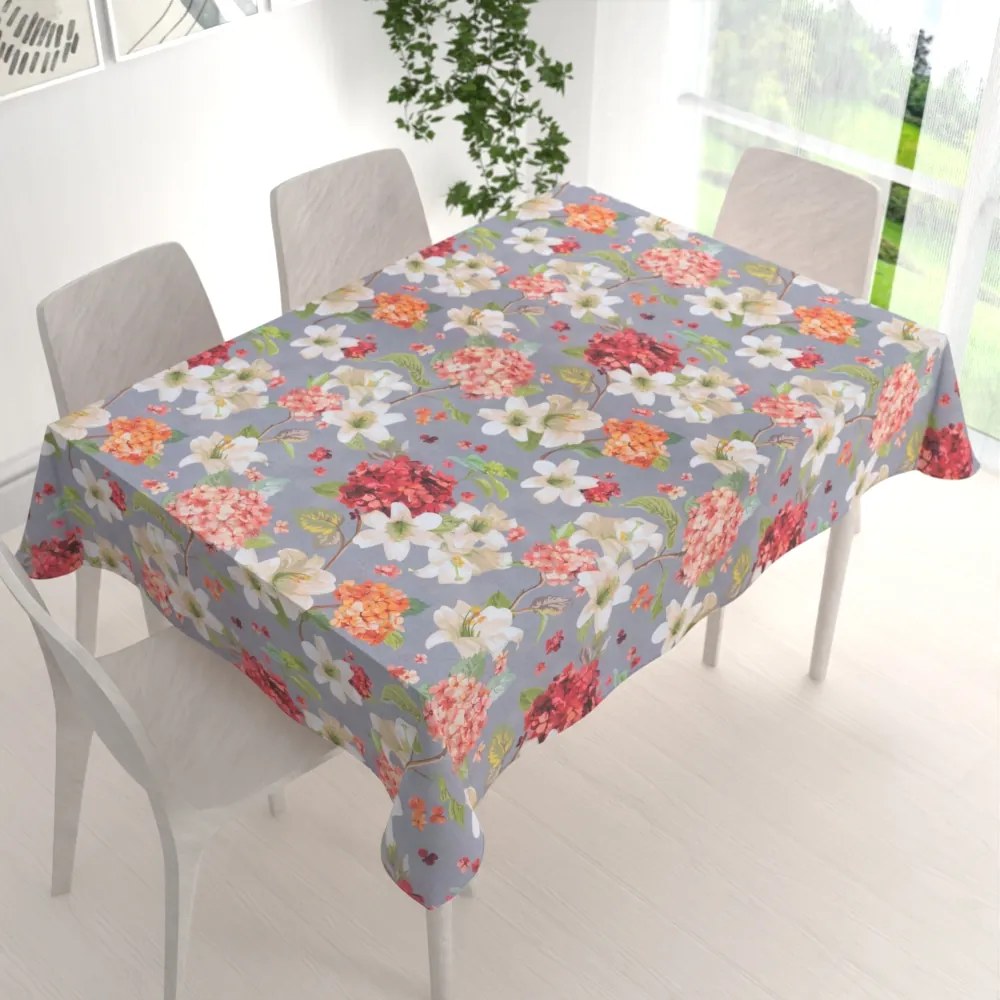 Biante Dekoračný obdĺžnikový obrus Leona LN-117 Hortenzie a ľalie na sivom 50x100 cm