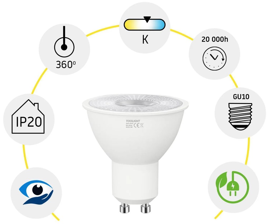 Toolight Toolight, LED žiarovka GU10, 7W, 560lm, studená biela, RSL045, OSW-20025