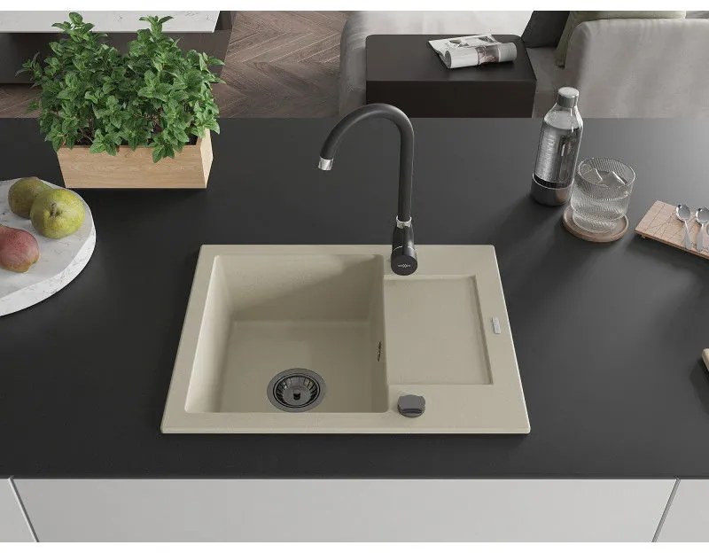 Mexen Enzo, granitový drez 576x465x174 mm, 1-komorový, čierna batéria Telma, béžová, 6506-69-670200-70