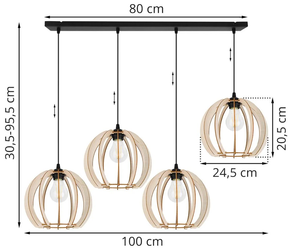 Závesné svietidlo Timber 9, 4x drevené tienidlo