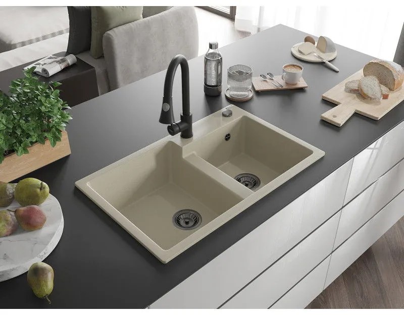 Mexen Tomas, 2-komorový granitový drez 800x500x190 mm a drezová batéria Elia, béžová, 6516-69-670101-70