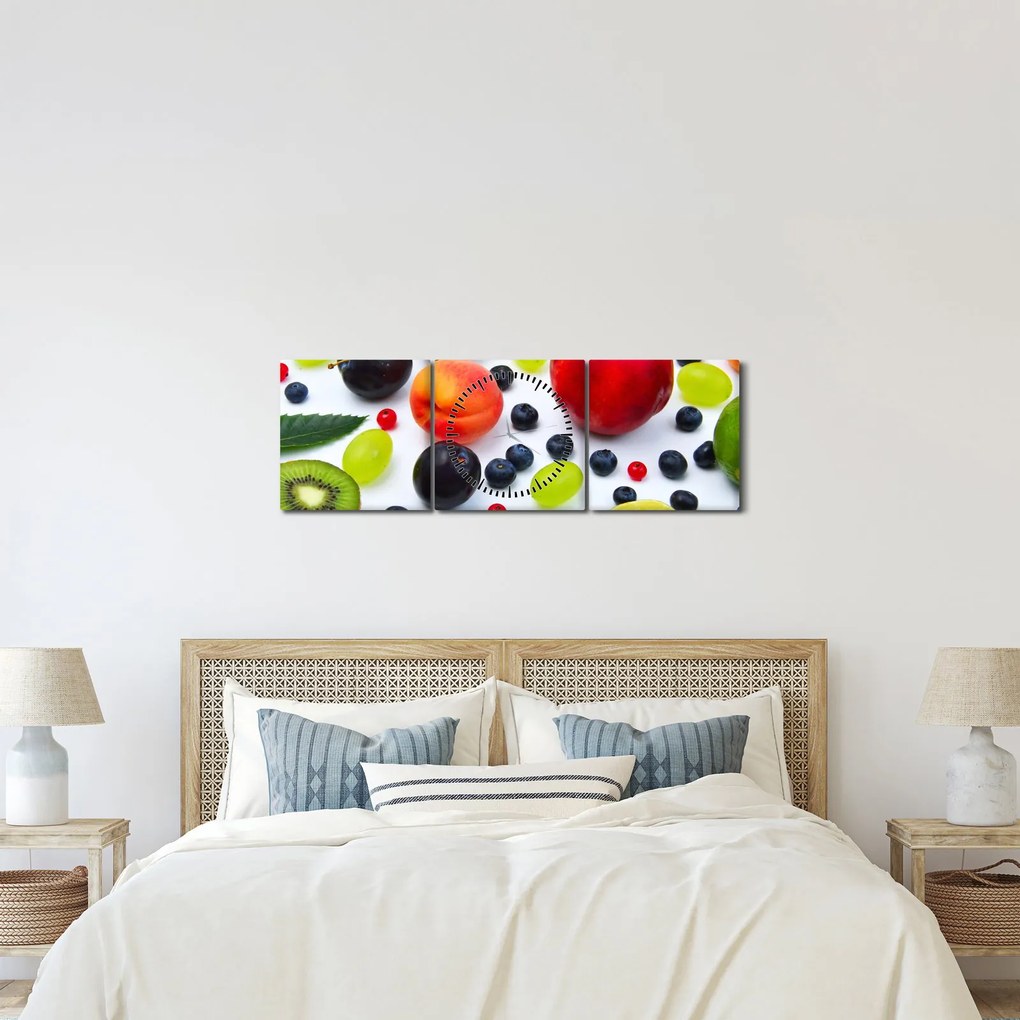 Obraz ovocia s kvapkami vody (s hodinami) (90x30 cm)
