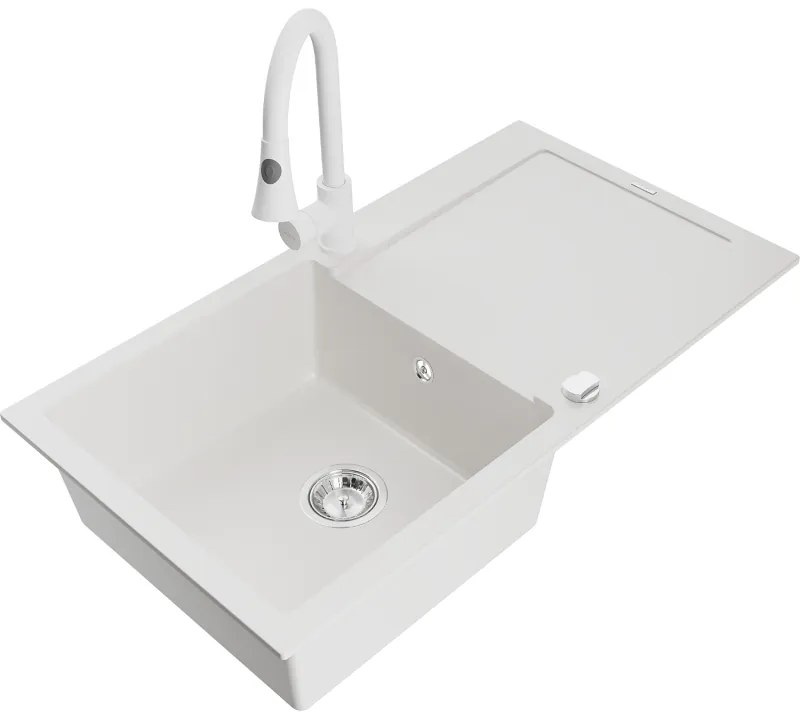 Mexen Leo, 1-komorový granitový drez 900x500x190 mm a drezová batéria Elia, biela, 6501-20-670101-20