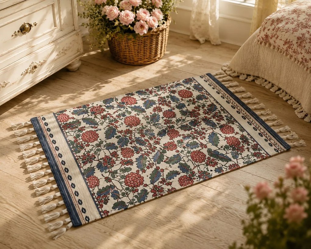 Béžový bavlnený koberec s kvetinovým motívom a strapcami - 60*90 cm
