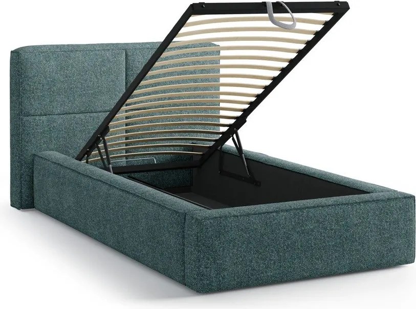 Tyrkysovomodrá čalúnená jednolôžková posteľ s úložným priestorom s roštom 90x200 cm Darren – Micadoni