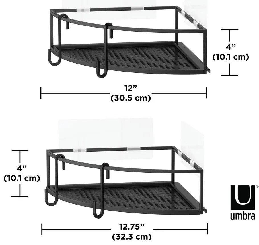 Čierne rohové samodržiace oceľové kúpeľňové poličky 2 ks Cubiko – Umbra