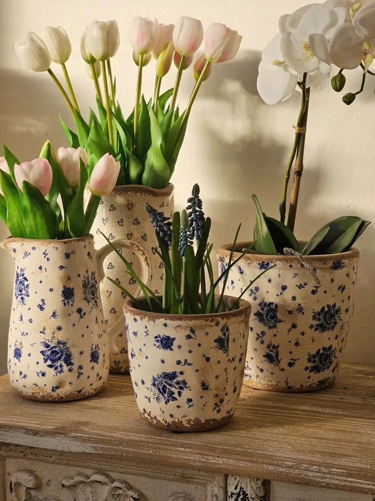 Béžový keramický obal na kvetináč s modrými ružami Blue Rose S - Ø 13*12 cm