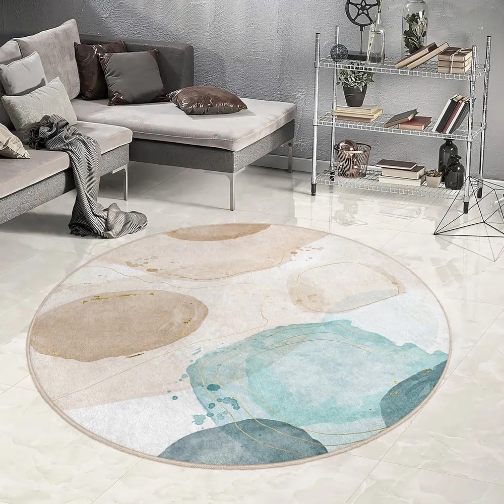 Modro-béžový prateľný okrúhly koberec ø 150 cm Puddle – Mila Home