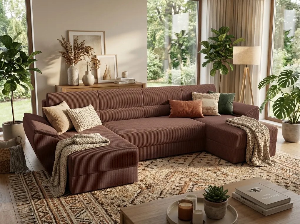 Rozkladacia sedacia súprava do U TAVERO 321x140 cm, tmavoružová