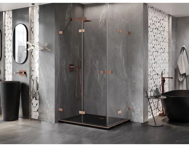 Mexen Lunar-F Duo, skladací sprchový kút 90 x 85 cm, 8mm číre sklo, profil medená matná, 836-090L-085P-65-00