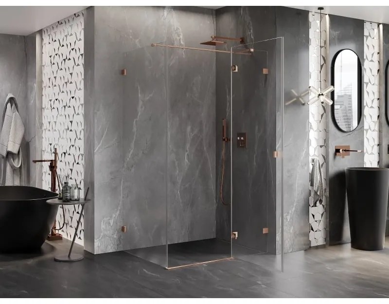 Mexen Lunar T, výklopný sprchový kút pravý 130 x 80 cm, 8mm číre sklo, profil medená matná, 834T-130-080-65-00-P