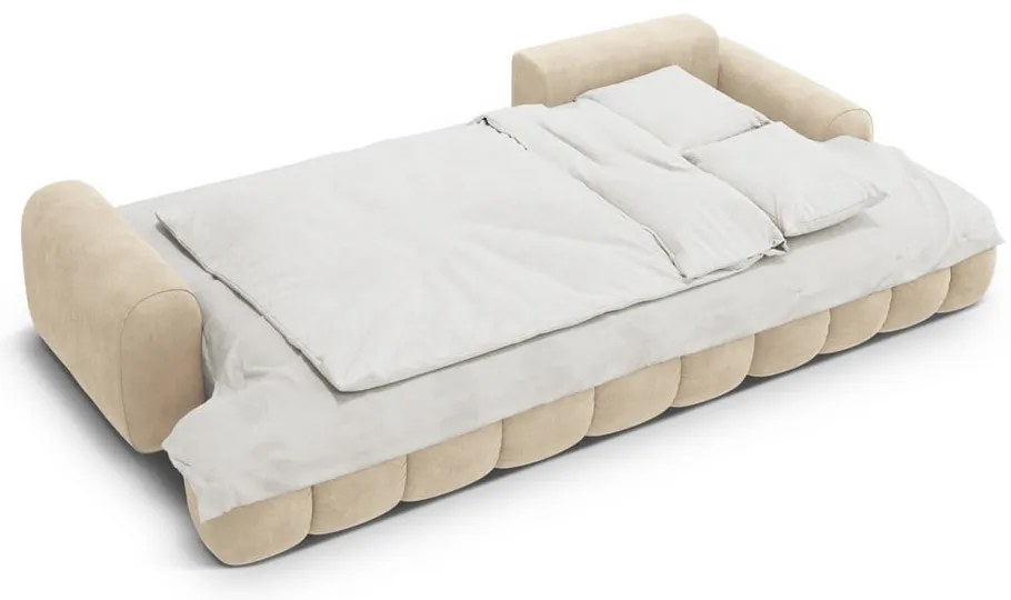 Béžová zamatová rozkladacia/s úložným priestorom rohová pohovka (pravý roh/s leňoškou) Linz – Cosmopolitan Design