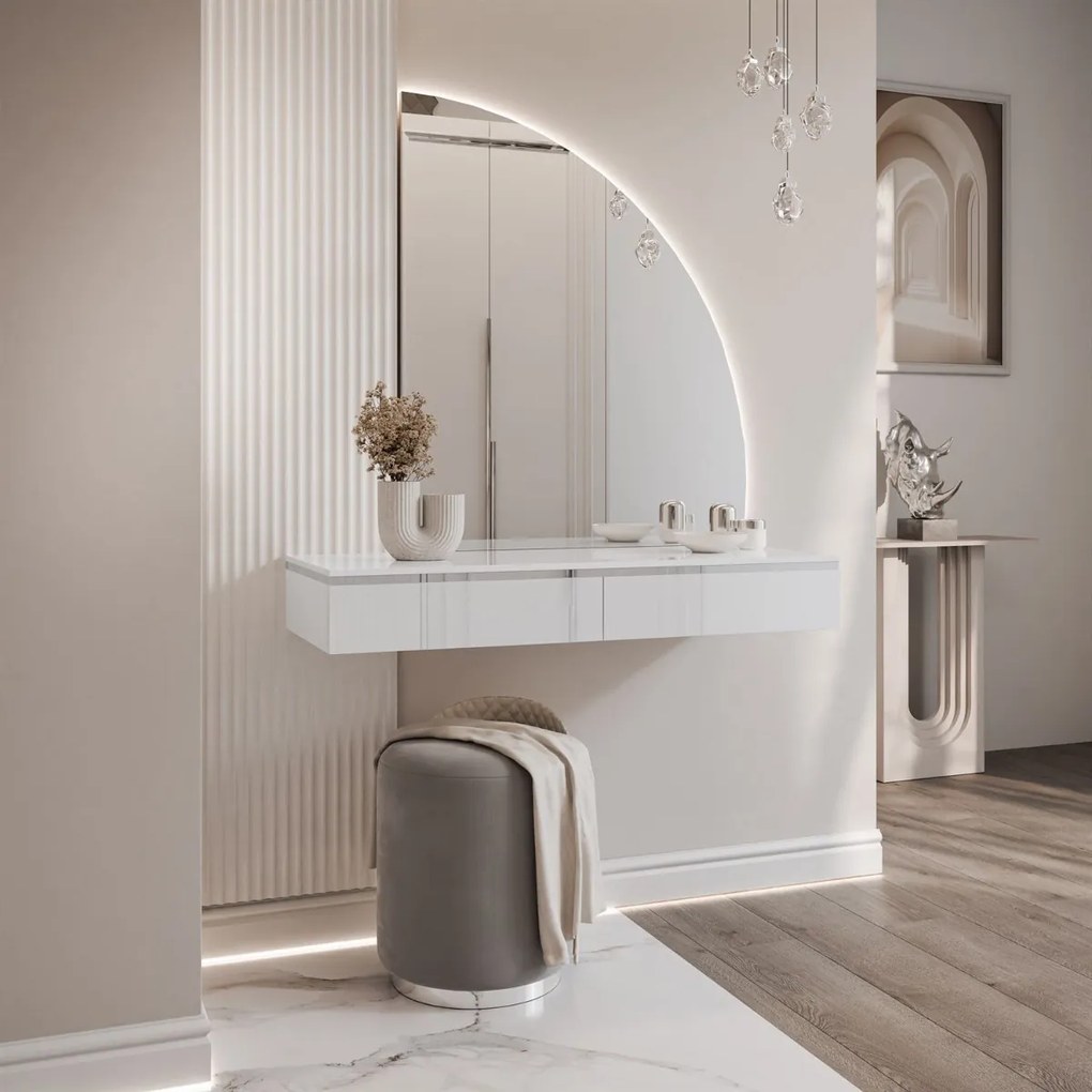 TOALETNÝ STOLÍK NESSIE BIELY LESK PRAVÝ + STRIEBORNÝ + ZRKADLO POLMESIAC