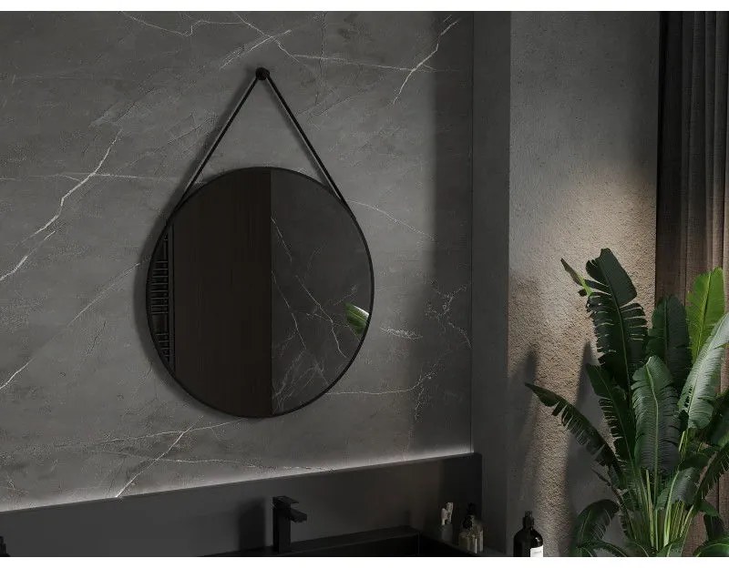 Mexen String, okrúhle kúpeľňové zrkadlo na pásiku 80 cm, farba rámu čierna matná, 9854-080-080-000-70